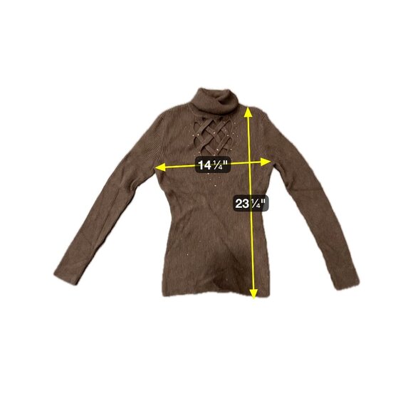 Cache Embellished Turtleneck Pullover Sweater Brown Sz Medium Cutout Ribbed Knit - Picture 6 of 9